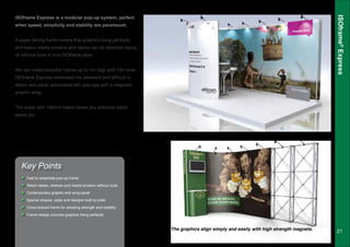ISOframe®
Express
Key Points
ISOframe Express is a modular pop-up system, perfect
when speed, simplicity and stability are paramount.
A super strong frame means that graphics hang perfectly
and heavy media screens and tables can be attached easily,
all without tools in true ISOframe style.
We can make bespoke frames up to 4m high and 10m wide.
ISOframe Express eliminates the awkward and difficult to
attach end panel associated with pop-ups with a magnetic
graphic wing.
The super slim 190mm frame saves you precious stand
space too.
Fast to assemble pop-up frame
Attach tables, shelves and media screens without tools
Contemporary graphic end wing panel
Special shapes, sizes and designs built to order
Cross-braced frame for amazing strength and stability
Frame design ensures graphics hang perfectly
Our pop ups don’t necessarily have to be straight, we can add curves and corners.
21The graphics align simply and easily with high strength magnets.
 