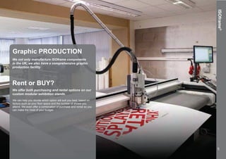 ISOframe®
Graphic PRODUCTION
We not only manufacture ISOframe components
in the UK, we also have a comprehensive graphic
production facility.
Rent or BUY?
We can help you decide which option will suit you best, based on
attend. We even offer a combination of purchase and rental so you
can make the most of your budget.
We offer both purchasing and rental options on our
custom modular exhibition stands.
5
 