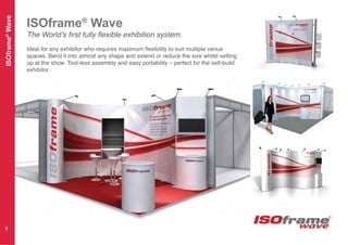 ISOframe®
Wave
The World’s first fully flexible exhibition system.
Ideal for any exhibitor who requires maximum flexibility to suit multiple venue
spaces. Bend it into almost any shape and extend or reduce the size whilst setting
up at the show. Tool-less assembly and easy portability – perfect for the self-build
exhibitor.
ISOframe®
Wave
8
 