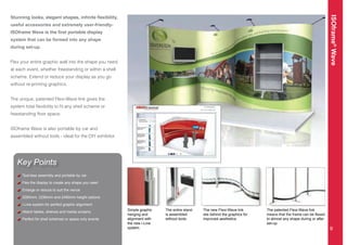 ISOframe®
Wave
Key Points
Tool-less assembly and portable by car.
Flex the display to create any shape you need
Enlarge or reduce to suit the venue
2090mm, 2290mm and 2490mm height options
i-Line system for perfect graphic alignment
Attach tables, shelves and media screens.
Perfect for shell schemes or space only events
useful accessories and extremely user-friendly-
system that can be formed into any shape
during set-up.
Flex your entire graphic wall into the shape you need
at each event, whether freestanding or within a shell
scheme. Extend or reduce your display as you go
without re-printing graphics.
The unique, patented Flexi-Wave link gives the
ISOframe Wave is also portable by car and
assembled without tools - ideal for the DIY exhibitor.
9
Simple graphic
hanging and
alignment with
the new i-Line
system.
The entire stand
is assembled
without tools.
The new Flexi-Wave link
sits behind the graphics for
improved aesthetics.
The patented Flexi-Wave link
to almost any shape during or after
set-up.
 