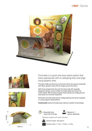 11
<9m2
Stands
Hardware weight: 18kg approx
Hardware cases: 1 x 7kg, 1 x 6.5kg, 1 x 4.5kg
Hardware weights and cases required
>Assembly time
	 Less than 0.25 day
>Based on 1
	 person assembly
Formulate is a quick and easy stand system that
looks spectacular with its sweeping lines and large
visual graphic area.
The back walls are aluminium structures which are easy to assemble
with fabric graphic socks that fit snugly around the frame.
Add Funky shapes that clip onto the back wall with specially
designed clamps, add a smaller formulate table top version for
further detail. With exciting imagery these stands can really give the
wow factor for minimal investment.
All frames can hold optional low voltage lighting and all are supplied
in a carry bag for transportation.
Constructed using Formulate back wall and Ladder Funky Shape.
3000mm
2000mm
 