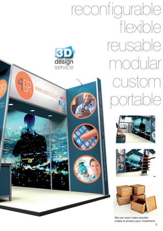 5
reconfigurable
flexible
reusable
modular
custom
portable
We can even make wooden
crates to protect your investment.
design
service
 