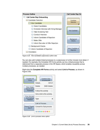 Chapter 3. Current State (As-Is) Process Discovery 39
Figure 3-25 Hire Candidate subprocess outline view
You can also add multiple linked processes to a subprocess to further include more detail, if
needed. For example, the Complete HR Forms activity can be a linked process that is
referenced from a separate process in the HR Space, which enables reusability across
multiple processes, as needed.
Right-click the Complete HR Forms activity and select Link to Process, as shown in
Figure 3-26.
Figure 3-26 Link to process menu option
 