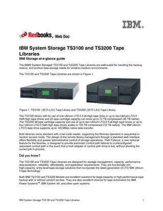 IBM System Storage TS3100 and TS3200 Tape Libraries 1
®
IBM System Storage TS3100 and TS3200 Tape
Libraries
IBM Storage at-a-glance guide
The IBM® System Storage® TS3100 and TS3200 Tape Libraries are well-suited for handling the backup,
restore, and archive data-storage needs for small-to-medium environments.
The TS3100 and TS3200 Tape Libraries are shown in Figure 1.
Figure 1. TS3100 (3573 L2U) Tape Library and TS3200 (3573 L4U) Tape Library
The TS3100 library with its use of one Ultrium LTO-5 Full-High tape drive or up to two Ultrium LTO-5
Half-High tape drives and 24 tape cartridge capacity can store up to 72 TB compressed (36 TB native).
The TS3200 48 tape cartridge capacity and use of up to two Ultrium LTO-5 Full-High tape drives or up to
four Ultrium LTO-5 Half-High tape drives scales to 144 TB compressed (72 TB native). The IBM Ultrium
LTO-5 tape drive supports up to 140 MBps native data-transfer.
Both libraries come standard with a bar-code reader, supporting the libraries operation in sequential or
random access mode. The design of the remote library management through a standard web interface
offers flexibility and greater administrative control of storage operations. Path Failover, a new optional
feature for the libraries, is designed to provide automatic control path failover to a preconfigured
redundant control path in the event that a host adapter or control path drive is lost, without aborting the
current job in process.
Did you know?
The TS3100 and TS3200 Tape Libraries are designed for storage management, capacity, performance,
data protection, reliability, affordability, and application requirements. They are functionally rich,
high-capacity, entry-level tape-storage solutions that incorporate the latest generation of LTO IBM Ultrium
5 tape technology.
Both IBM TS3100 and TS3200 Models are excellent solutions for large-capacity or high-performance tape
backup with or without random access. They are also excellent choices for tape automation for IBM
Power Systems™, IBM System x®, and other open systems.
 
