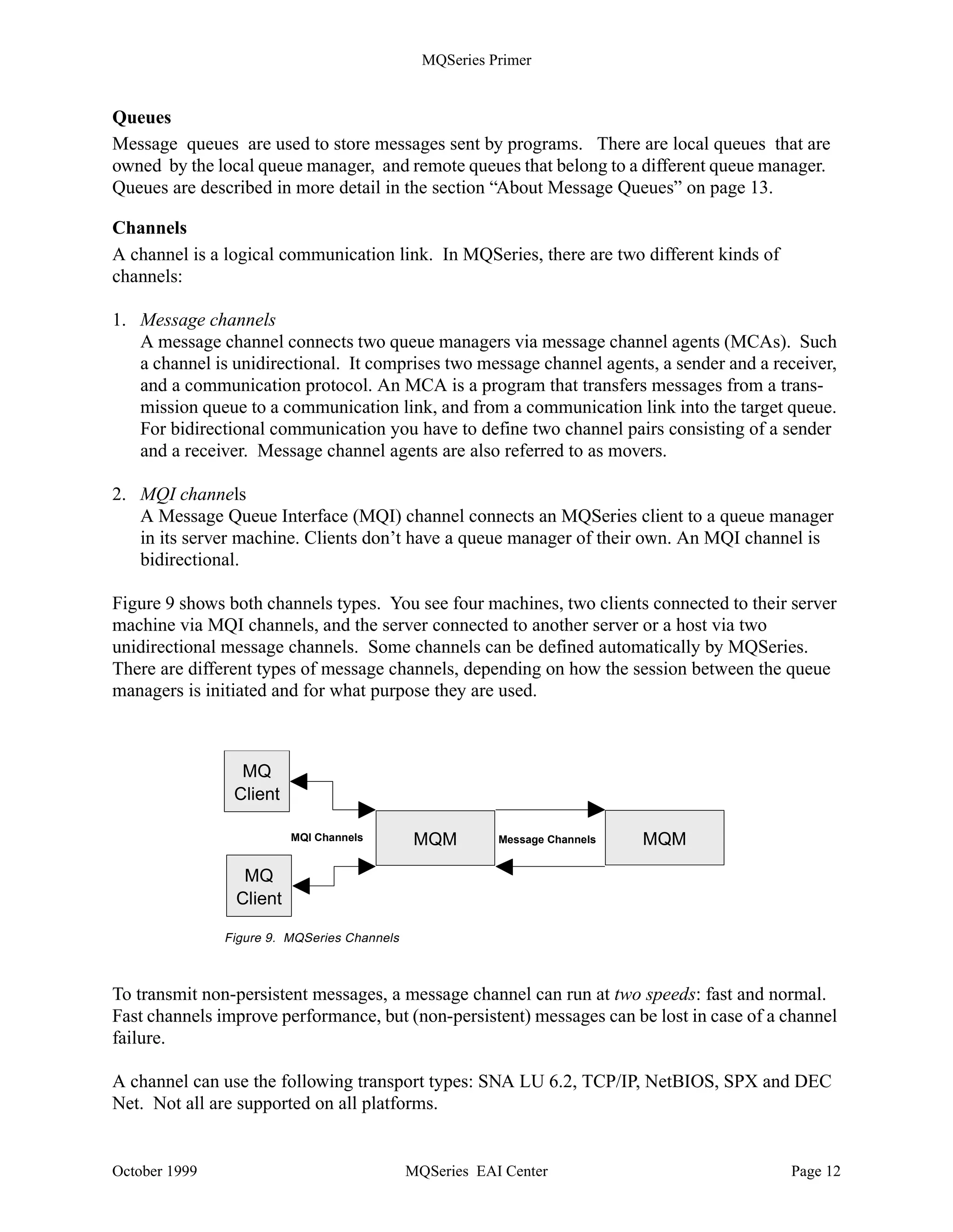 MQSeries Primer




                                                                         A
                                                             1           B
                 MQPUT

                                                                             A
                                                                     2       B

                                                                         A
                                                              3
                  Figure 8. Accessing Cluster Queues

Figure 8 gives you an idea. MQSeries distributes the messages round-robin. You can, however,
change this default action by writing your own workload balancing exit routine.

Figure 8 shows messages put in one of the three cluster queues named A. Each of the three queue
managers on the right owns a queue with this name. By default, the first message is placed in
queue A on queue manager 1, the next in queue A on queue manager 2, the third goes to queue
manager 3 and the fourth message to the queue on queue manager 1 again.

In another scenario involving queue B, we notice that the third queue manager is down and the
third instance of queue B is not available. The sending queue manager becomes aware of this
problem because it subscribed to information about all queue manager and queues it is interested
in, that is, where it sends messages. As soon as it finds out that there is a problem with the third
instance of B, it distributes messages to the first two instances only. Special messages about
changes of the status of cluster objects are instantly published to all queue managers that
subscribed to that object.

About Queue Manager Objects
This section introduces you to queue manager objects, such as queues and channels. The queue
manager itself is an object, too. Usually, an administrator creates one or more queue managers
and their objects. A queue manager can use objects of the following types:

               1. Queues
               2. Process definitions
               3. Channels
The objects are common across different MQSeries platforms. There are other objects that apply
to MVS systems only, such as the buffer pool, PSID, and storage class. AS/400 MQ objects are
known to the OS/400 operating system as object type *USRSPC (user space) in the QMQMDATA
library.



October 1999                                   MQSeries EAI Center                           Page 11
 