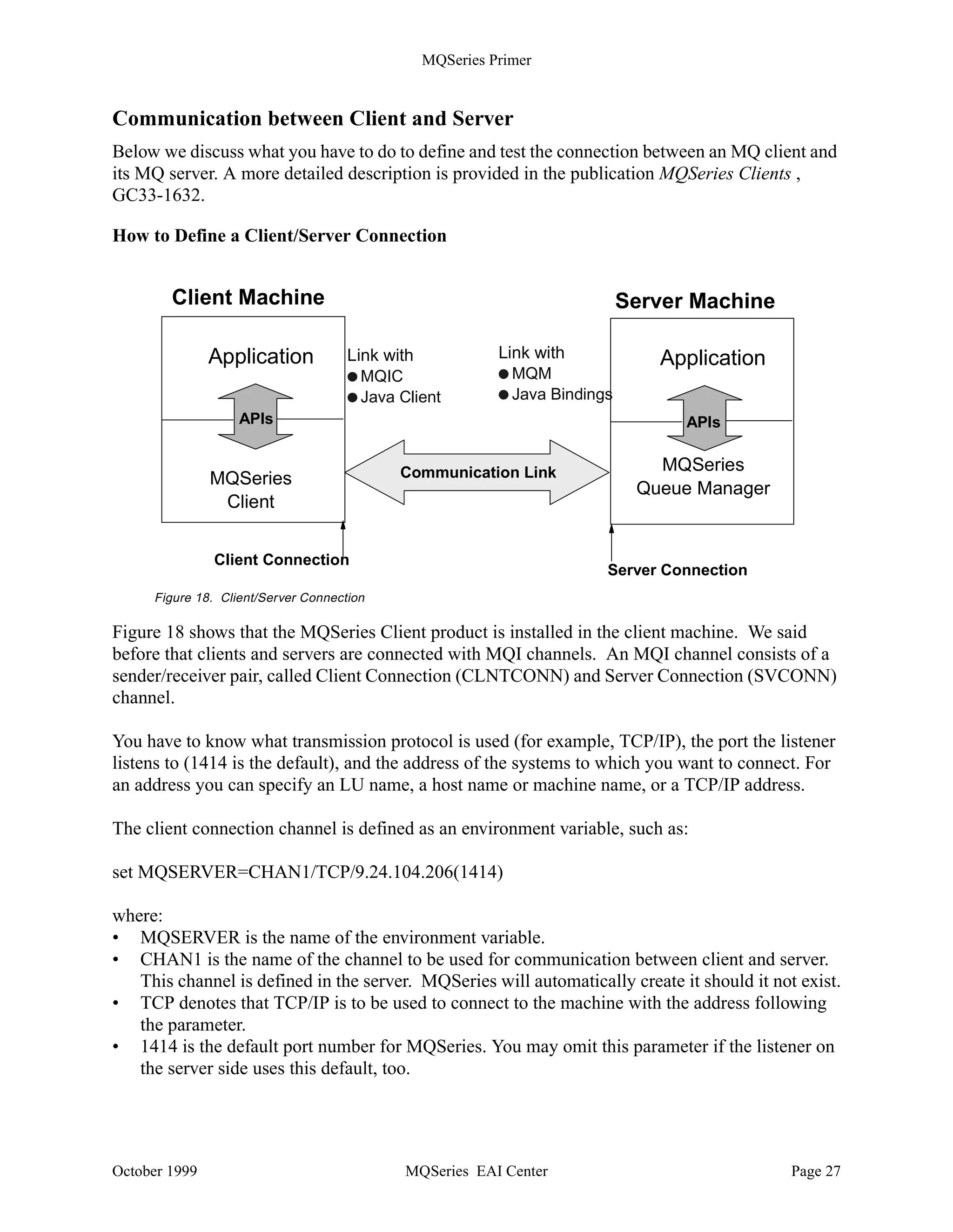 MQSeries Primer


The definitions necessary to trigger an application are as follows:

•   The target queue must have “triggering” specified as shown in bold below:

    DEFINE QLOCAL(A-Q) REPLACE +
           TRIGGER
           TRIGTYPE(first) +
           INITQ(SYSTEM.DEFAULT.INITIATION.QUEUE ) +
           PROCESS(proc1)
           DESCR(’This is a triggered queue’)

•   The process definition associated with the target queue can be this:

    DEFINE PROCESS(proc1) REPLACE +
           DESCR(’Process to start server program’) +
           APPLTYPE(WINDOWSNT) +
           APPPLICID(‘c:testmyprog.exe’)

What trigger type to use depends on how the application is written. You have three choices:

                    ...                        ...
                    MQGET                      MQGET WAIT
                    ...                            timeout?
                    ...                        ...
                    exit                       ...
                                                            Queue is empty


                                                                   exit



•   EVERY        Every time a message is put in the target queue a trigger message is also put in
                 the initiation queue. Use this when your program exits after processing one
                 message or transaction, as shown above on the left.

•   FIRST        A trigger message is put in the initiation queue only when the target queue has
                 been empty. Use this when the program exits only then when there are no more
                 messages in the queue, as shown on the right.

•   n messages A trigger message is put in the initiation queue when there are n messages in the
               target queue. For example, you can start a batch program when the queue holds
               1000 messages.




October 1999                            MQSeries EAI Center                                Page 26
 