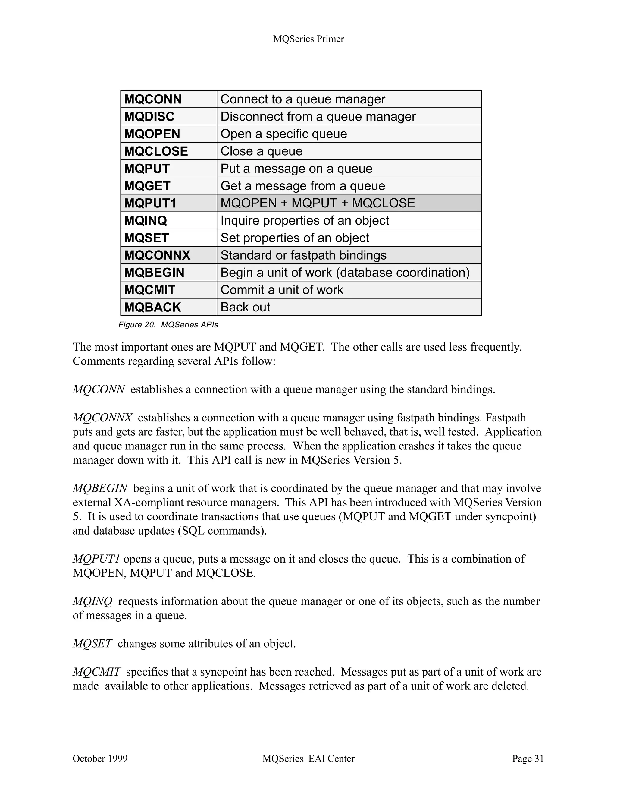 MQSeries Primer


How the Server Sends a Reply
After processing a request the server puts the reply in the reply queue for the client. To do this it
has to open the output queue (QA1 or QB1) and issue an MQPUT.

Since several clients use the same server application, it is advisable to give the server a return
address, that is, the names of the queue and the queue manager that will receive the reply
message. These fields are in the header of the request message, containing the reply-to-queue
manager and reply-to-queue (here, QA1 or QB1). It is the responsibility of the client program to
specify these values.

Usually, the server program stays active and waits for more messages, at least for a certain time.
For how long can be specified in the wait option of the MQGET API.

How the Client Receives a Reply
The client program knows the name of its input queue, here QA1 or QB1. The application can use
two modes of communication:

•   Conversational
    If the application uses this mode of communication with the server program, it waits for the
    message to arrive before it continues processing. This means, the reply queue is open and an
    MQGET with wait option has been issued.

    The client application must be able to deal with two possibilities:
           • The message arrives in time.
           • The timer expires and no message is there.

•   True asynchronous
    When using this mode, the client does not care when the request message arrives. Usually, the
    user clicks a push button in a menu window to activate a program that checks the reply queue
    for messages. If a message is present, this or another program can process the reply.


The Message Queuing Interface (MQI)
A program talks directly to its local queue manager. It resides in the same processor or domain
(for clients) as the program itself. The program uses the Message Queuing Interface (MQI). The
MQI is a set of API calls that request services from the queue manager.

Note: When the connection between a client and its server is broken, no API calls can be
executed, since all objects reside in the server.

There are 13 APIs. They are shown in Figure 20 on page 31.




October 1999                             MQSeries EAI Center                                   Page 30
 