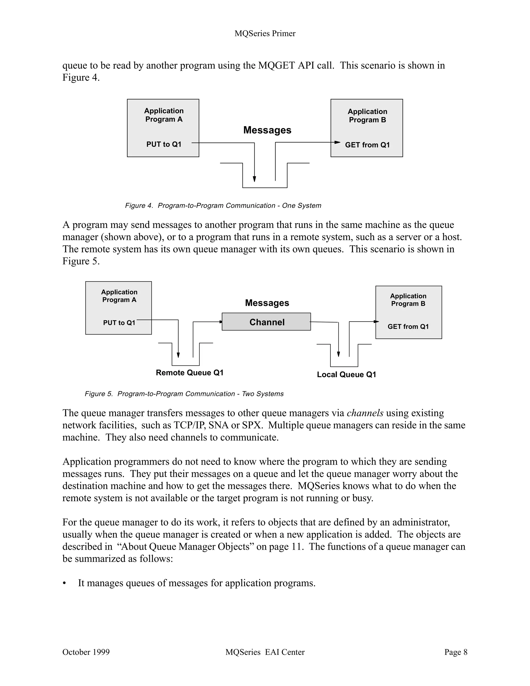 MQSeries Primer


•   We discussed persistent and non-persistent messages earlier. Persistent messages always
    arrive at their destination, even when the system fails. They are “hardened”, that is, saved on
    disk. You can make a specific message persistent or all messages on a particular queue.

•   You can assign a priority to a message and so control the order in which it is processed.

•   The queue manager stores time and date when the MQPUT occurred in the message header.
    The time is in GMT and the year has four digits and so is Y2K compliant.

•   You can also specify an expiration date. When this date is reached and an MQGET is issued,
    then the message will be discarded. There is no “daemon” that checks queues for expired
    messages. Expired messages can stay in a queue for weeks, until a program attempts to read it.

•   The return address is very important for request/reply messages. You have to tell the server
    program where to send the reply message. Clients and servers have a one-to-many
    relationship and usually the server program cannot find out from the user data where the
    request message came from. Therefore, the client provides the reply-to queue and reply-to
    queue manager in the message header. The server uses this information when it performs the
    MQPUT API call.

•   In the format field, the sender can specify a value that the receiver can use to decide whether
    data conversion can be done or not. It is also used to indicate that there is an additional
    header (extension) present.

•   The message also carries information about the sending application (program name and path)
    and the platform it is running on.

•   Report options and feedback code are used to request information, such as confirmation on
    arrival or delivery, from the receiving queue manager. For example, the queue manager can
    send a report message to the sending application when it puts the message in the target queue
    or when the application gets it off the queue.

•   Each time a message is backed out, the backout counter is increased. An application can
    check this counter and act on it, for example, send the message to a different queue where the
    reason for the backout is analyzed by an administrator.

•   Message segmenting and grouping has been mentioned earlier. The queue manager uses the
    message header to store information about the physical message; for example, if it is a
    message group, the first or last segment, or which one in between.

About the Queue Manager
The heart of MQSeries is the message queue manager (MQM), MQSeries’ run-time program. Its
job is to manage queues and messages for applications. It provides the Message Queuing
Interface (MQI) for communication with applications. Application programs invoke functions of
the queue manager by issuing API calls. For example, the MQPUT API call puts a message on a



October 1999                            MQSeries EAI Center                                     Page 7
 