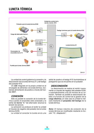 LUNETA TÉRMICA


                                                  Unidad de control de la
                                                  red de a bordo J519
           Pulsador para la luneta térmica E230



                                                                      Testigo luminoso para la luneta térmica K10


  Carga del alternador borne L




                                                                                    Luneta térmica Z1



  Conmutador de
  encendido borne 15




 Fusible para luneta térmica SB47




                                                                                                           D88-09




   La unidad de control gobierna la conexión y la        señal de positivo al testigo K10 iluminándose el
desconexión de la luneta térmica Z1 y del testigo        pictograma que se encuentra en el pulsador.
del pulsador K10.
   Un relé integrado en la propia unidad es el              DESCONEXIÓN
encargado de alimentar a la luneta térmica, reci-           La desconexión se realiza al recibir nueva-
biendo alimentación de positivo a través del fusi-       mente un impulso de negativo del pulsador E230,
ble SB47.                                                o automáticamente a los 20 minutos de su co-
                                                         nexión. También es posible la desconexión de-
   CONEXIÓN                                              bido a la función de control de la gestión de la
    Sólo es posible la conexión de la luneta tér-        carga eléctrica; en este caso la unidad lo indi-
mica cuando el encendido está conectado y la             cará mediante el parpadeo del testigo de la
señal del borne “L” del alternador alcanza la            luneta térmica.
tensión de servicio.
    La activación se produce al recibir la unidad
el impulso de negativo del pulsador de la luneta         Nota: El tiempo máximo de conexión de la
térmica E230.                                            luneta térmica es modificable mediante la fun-
    La unidad al conectar la luneta envía una            ción “10 - Adaptación”.




                                                    16
 