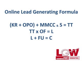 Online Lead Generating Formula

  (KR + OPO) + MMCC & S = TT
          TT x OF = L
          L + FU = C
 