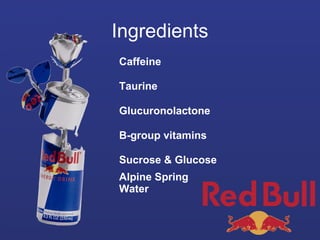 Ingredients
Caffeine
Taurine
Glucuronolactone
B-group vitamins
Sucrose & Glucose
Alpine Spring
Water

 