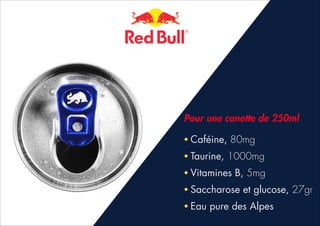 Pour une canette de 250ml
• Caféine,
• Taurine,

80mg
1000mg

• Vitamines

B, 5mg

• Saccharose
• Eau

et glucose, 27gr

pure des Alpes

 