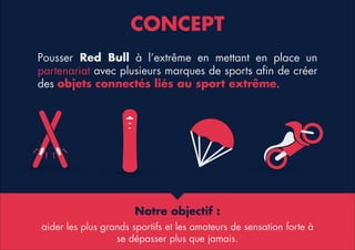 CONCEPT
Pousser Red Bull à l’extrême en mettant en place un
partenariat avec plusieurs marques de sports aﬁn de créer
des objets connectés liés au sport extrême.

Notre objectif :
!
aider les plus grands sportifs et les amateurs de sensation forte à
se dépasser plus que jamais.

 