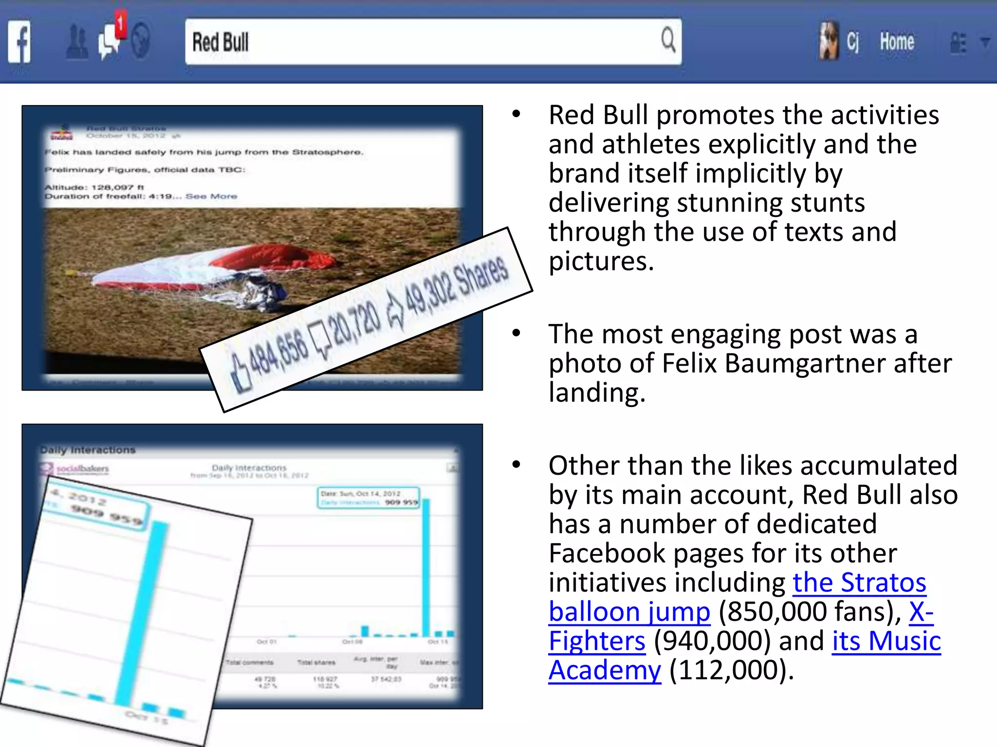• Red Bull promotes the activities
and athletes explicitly and the
brand itself implicitly by
delivering stunning stunts
through the use of texts and
pictures.
• The most engaging post was a
photo of Felix Baumgartner after
landing.
• Other than the likes accumulated
by its main account, Red Bull also
has a number of dedicated
Facebook pages for its other
initiatives including the Stratos
balloon jump (850,000 fans), X-
Fighters (940,000) and its Music
Academy (112,000).
 