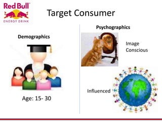 Target Consumer
Demographics
Psychographics
Age: 15- 30
Image
Conscious
Influenced
 