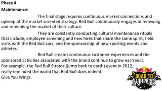 Phase 4
Maintenance:
The final stage requires continuous market connections and
upkeep of the market-oriented strategy. Red Bull continuously engages in renewing
and reminding the market of their culture.
They are constantly conducting cultural maintenance rituals
that include, employee screening and new hires that share the same spirit, field
visits with the Red Bull cars, and the sponsorship of new sporting events and
athletes.
Red Bull creates continuous customer experiences and the
sponsored activities associated with the brand continue to grow each year.
For example, the Red Bull Stratos (jump back to earth) event in 2012,
really reminded the world that Red Bull does indeed
Give You Wings.
 