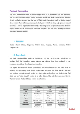 Product Description
Red Bull's manufacturing base in central Europe has a lot of advantages: Red Bull guarantees
that the same premium product quality is enjoyed around the world, thanks to our state-of-
the-art production process and the use of high quality ingredients, such as locally-sourced
alpine water. New efficiency-enhancing technologies - which, in turn, help preserve natural
resources - can be implemented immediately. The energy used for production comes from the
region; around 80% is sourced from renewable energies - and Red Bull's working to improve
this figure however possible.
1. Location
Austria (Head Office), Singapore, United State, Hungary, Russia, Germany, United
Kingdom, etc.
2. Ingredients
Red Bull contains caffeine, taurine, B vitamins (B3, B5, B6, B12), sucrose, and glucose. To
produce Red Bull Sugarfree, sugars sucrose and glucose have been replaced by the
sweeteners acesulfame K and aspartame/sucralose.
The original Red Bull from Austria (carbonated) has been exported to China since 2014. In
addition, the local energy drink brand is also called Red Bull. Red Bulls sold in China have
two versions: a regular-strength version in a short, wide, gold-and-red can similar to the Thai
drink and an "extra-strength" version in a taller, thinner, blue-and-silver can more like the
Western version. Neither Chinese version is carbonated.
Red Bull
 