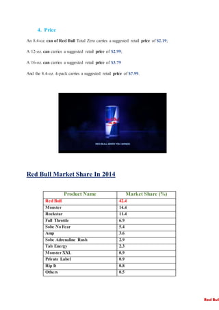 4. Price
An 8.4-oz. can of Red Bull Total Zero carries a suggested retail price of $2.19;
A 12-oz. can carries a suggested retail price of $2.99;
A 16-oz. can carries a suggested retail price of $3.79
And the 8.4-oz. 4-pack carries a suggested retail price of $7.99.
Red Bull Market Share In 2014
Product Name Market Share (%)
Red Bull 42.4
Monster 14.4
Rockstar 11.4
Full Throttle 6.9
Sobe No Fear 5.4
Amp 3.6
Sobe Adrenaline Rush 2.9
Tab Energy 2.3
Monster XXL 0,9
Private Label 0.9
Rip It 0.8
Others 0.5
Red Bull
 
