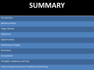SUMMARY
Introduction
Market position
Target Market
Objectives
Opportunities
Marketing strategies
Promotion
Competition
Strengths, weakness and risks
Views on Sponsorship and Traditional advertising
 