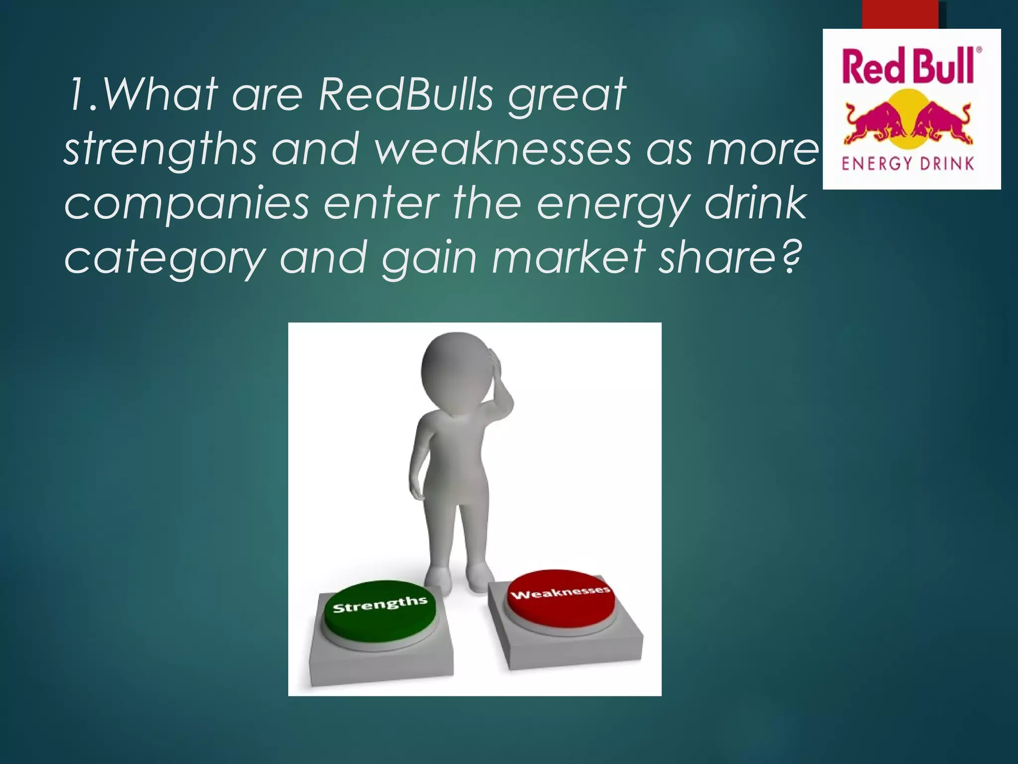 1.What are RedBulls great
strengths and weaknesses as more
companies enter the energy drink
category and gain market share?
 