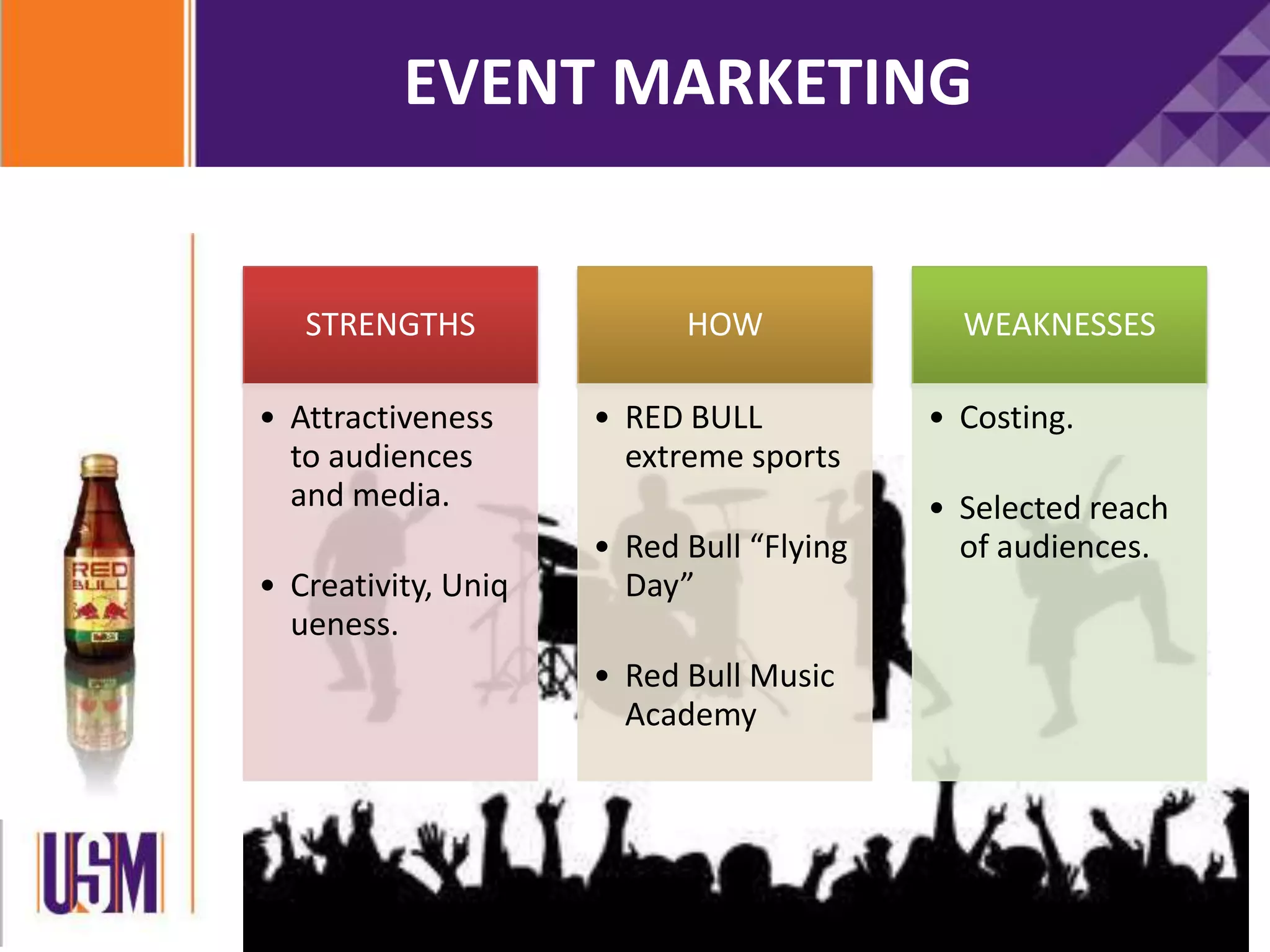 EVENT MARKETING
STRENGTHS
• Attractiveness
to audiences
and media.
• Creativity, Uniq
ueness.
HOW
• RED BULL
extreme sports
• Red Bull “Flying
Day”
• Red Bull Music
Academy
WEAKNESSES
• Costing.
• Selected reach
of audiences.
 