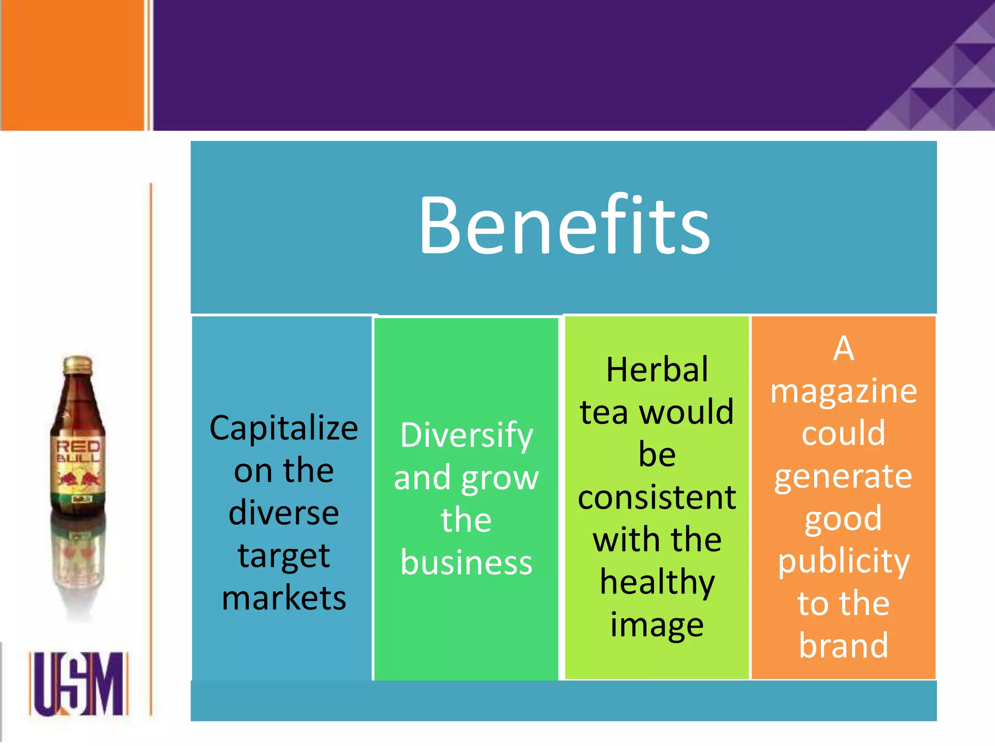 Benefits
Capitalize
on the
diverse
target
markets
Diversify
and grow
the
business
Herbal
tea would
be
consistent
with the
healthy
image
A
magazine
could
generate
good
publicity
to the
brand
 