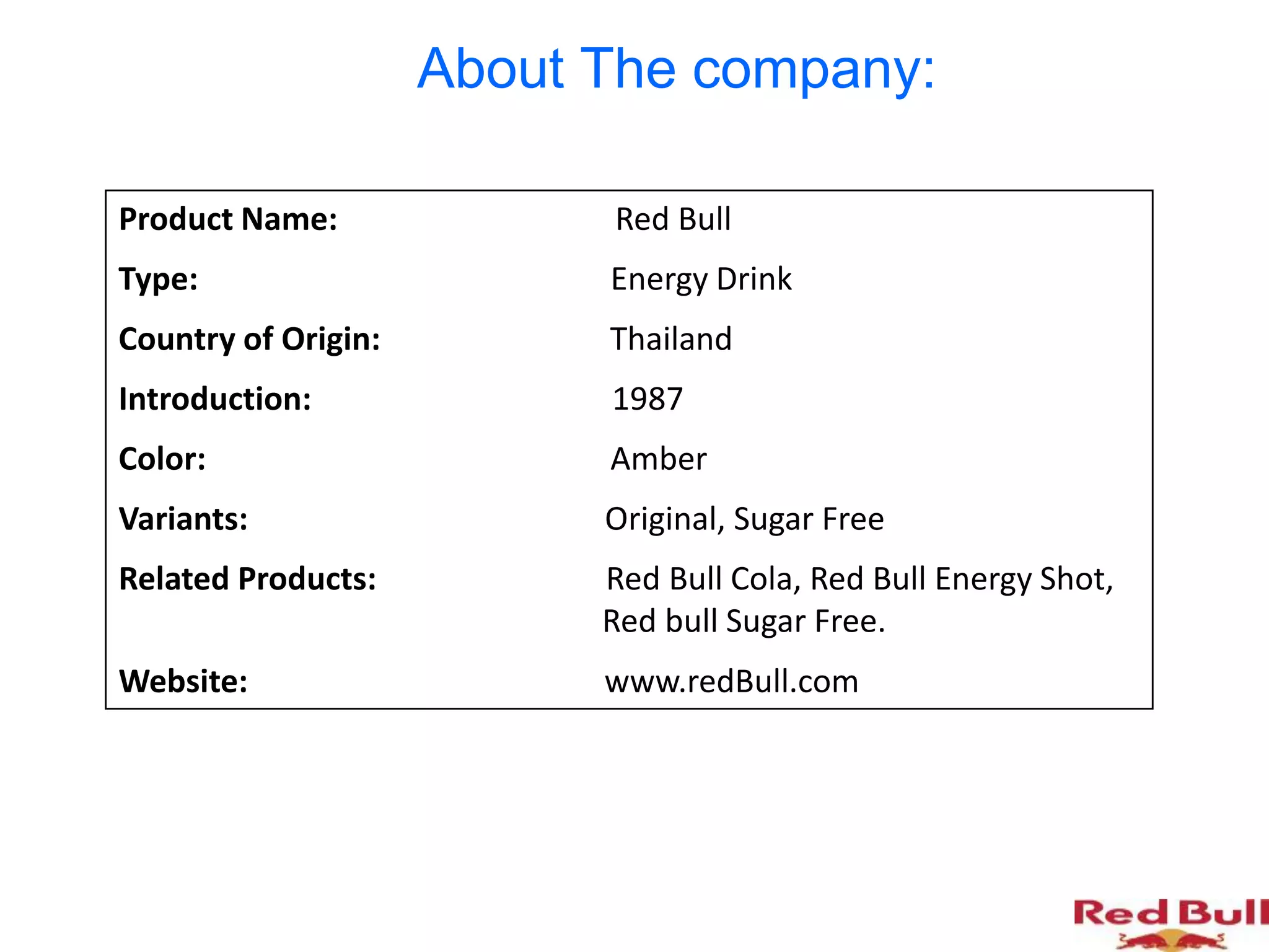 About The company:

Product Name:              Red Bull
Type:                      Energy Drink
Country of Origin:         Thailand
Introduction:              1987
Color:                     Amber
Variants:                  Original, Sugar Free
Related Products:          Red Bull Cola, Red Bull Energy Shot,
                           Red bull Sugar Free.
Website:                   www.redBull.com
 