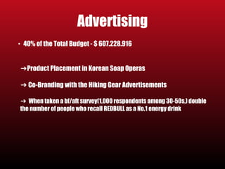 Advertising 
• 40% of the Total Budget - $ 607.228.916 
➔Product Placement in Korean Soap Operas 
➔ Co-Branding with the Hiking Gear Advertisements 
➔ When taken a bf/aft survey(1,000 respondents among 30-50s,) double 
the number of people who recall REDBULL as a No.1 energy drink 
 