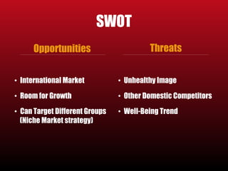 SWOT 
Opportunities 
• International Market 
• Room for Growth 
• Can Target Different Groups 
(Niche Market strategy) 
Threats 
• Unhealthy Image 
• Other Domestic Competitors 
• Well-Being Trend 
 
