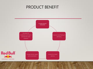PRODUCT BENEFIT
Increase physical
endurance
Improve overall feeling of
well being
Increase the mental
alertness
Increase reaction speed
and concentration
Stimulates the
metabolism and help to
eliminate the waste
substance
 