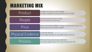 MARKETING MIX
• Creation of a RedbusFulfilled Badge
• Create competition among operators to join badgeProduct
• Provide Driver/Conductor details
• 24x7 Customer Care ServicesPeople
• Buses with RedbusFulfilled to charge comparatively higher Price
• Price discounts for female travellersPrice
• Customer Reviews
• Encourage operators to use redbus logo on the busPhysical Evidence
• Remove Excess steps during registration
• Customer details import from Social Networking SitesProcess
9
 