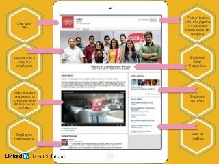 Company
logo
‘Follow’ button
to build a pipeline
of candidates
interested in the
company
Header with a
picture of
employees
Employee
Value
Proposition
Employee
connects
Jobs at
redBus
Video featuring
employees, to
showcase what
it’s like to work
at redBus
Employee
testimonials
 