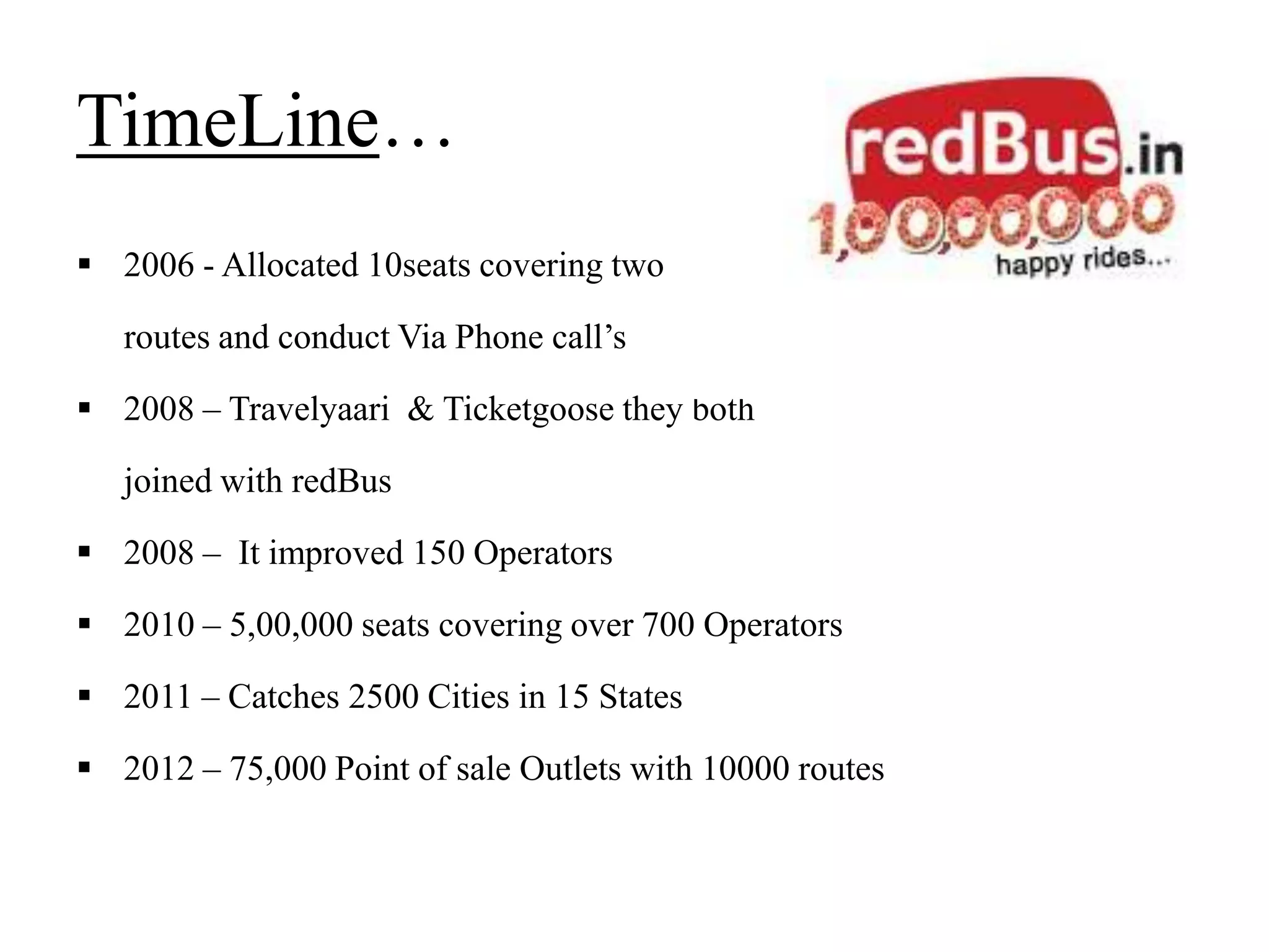TimeLine…
2006 - Allocated 10seats covering two
routes and conduct Via Phone call’s
2008 – Travelyaari & Ticketgoose they both
joined with redBus
2008 – It improved 150 Operators
2010 – 5,00,000 seats covering over 700 Operators
2011 – Catches 2500 Cities in 15 States
2012 – 75,000 Point of sale Outlets with 10000 routes