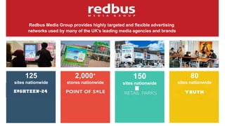2,000+
stores nationwide
150
sites nationwide
80
sites nationwide
125
sites nationwide
Redbus Media Group provides highly targeted and flexible advertising
networks used by many of the UK’s leading media agencies and brands
 