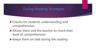 During Reading Strategies
 Checks for students understanding and
comprehension
 Allows them and the teacher to check their
level of comprehension
 Keeps them on task during the reading
 