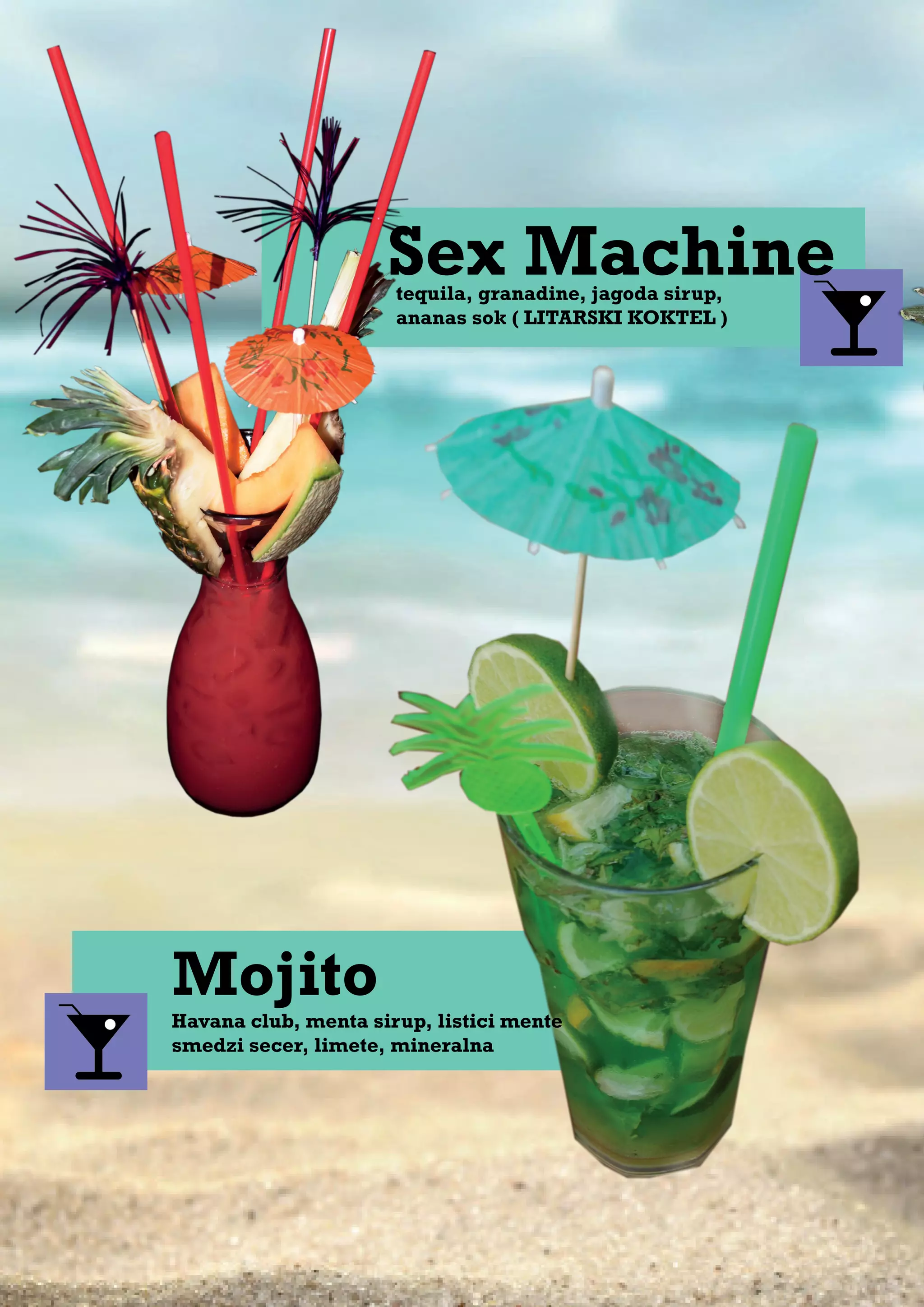 tequila, granadine, jagoda sirup,
ananas sok ( LITARSKI KOKTEL )
Mojito
Havana club, menta sirup, listici mente
smedzi secer, limete, mineralna
Sex Machine
 