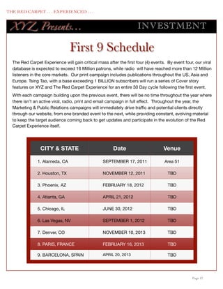 THE RED CARPET . . . EXPERIENCED . . .


      XY Z Presents...                                                  INV ES TMENT

                                    First 9 Schedule
      The Red Carpet Experience will gain critical mass after the ﬁrst four (4) events. By event four, our viral
      database is expected to exceed 16 Million patrons, while radio will have reached more than 12 Million
      listeners in the core markets. Our print campaign includes publications throughout the US, Asia and
      Europe. Tsing Tao, with a base exceeding 1 BILLION subscribers will run a series of Cover story
      features on XYZ and The Red Carpet Experience for an entire 30 Day cycle following the ﬁrst event.
      With each campaign building upon the previous event, there will be no time throughout the year where
      there isn’t an active viral, radio, print and email campaign in full effect. Throughout the year, the
      Marketing & Public Relations campaigns will immediately drive trafﬁc and potential clients directly
      through our website, from one branded event to the next, while providing constant, evolving material
      to keep the target audience coming back to get updates and participate in the evolution of the Red
      Carpet Experience itself.




                    CITY & STATE                           Date                       Venue

                   1. Alameda, CA                     SEPTEMBER 17, 2011              Area 51

                   2. Houston, TX                     NOVEMBER 12, 2011                 TBD

                   3. Phoenix, AZ                     FEBRUARY 18, 2012                 TBD

                   4. Atlanta, GA                     APRIL 21, 2012                    TBD

                   5. Chicago, IL                     JUNE 30, 2012                     TBD

                   6. Las Vegas, NV                   SEPTEMBER 1, 2012                 TBD

                   7. Denver, CO                      NOVEMBER 10, 2013                 TBD

                   8. PARIS, FRANCE                   FEBRUARY 16, 2013                 TBD

                   9. BARCELONA, SPAIN                APRIL 20, 2013                    TBD




	

                                                                                                  Page 12
 