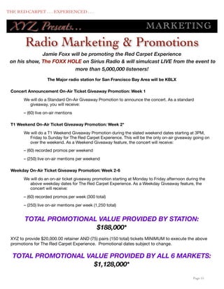 THE RED CARPET . . . EXPERIENCED . . .


      XY Z Presents...                                                      M AR KE TING

             Radio Marketing & Promotions
                   Jamie Foxx will be promoting the Red Carpet Experience
      on his show, The FOXX HOLE on Sirius Radio & will simulcast LIVE from the event to
                               more than 5,000,000 listeners!

                         The Major radio station for San Francisco Bay Area will be KBLX

      Concert Announcement On-Air Ticket Giveaway Promotion: Week 1

            We will do a Standard On-Air Giveaway Promotion to announce the concert. As a standard
               giveaway, you will receive:

            – (60) live on-air mentions

      T1 Weekend On-Air Ticket Giveaway Promotion: Week 2*

            We will do a T1 Weekend Giveaway Promotion during the slated weekend dates starting at 3PM,
               Friday to Sunday for The Red Carpet Experience. This will be the only on-air giveaway going on
               over the weekend. As a Weekend Giveaway feature, the concert will receive:
            – (60) recorded promos per weekend

            – (250) live on-air mentions per weekend

      Weekday On-Air Ticket Giveaway Promotion: Week 2-6

            We will do an on-air ticket giveaway promotion starting at Monday to Friday afternoon during the
               above weekday dates for The Red Carpet Experience. As a Weekday Giveaway feature, the
               concert will receive:

            – (60) recorded promos per week (300 total)

            – (250) live on-air mentions per week (1,250 total)


             TOTAL PROMOTIONAL VALUE PROVIDED BY STATION:
                              $188,000*
      XYZ to provide $20,000.00 retainer AND (75) pairs (150 total) tickets MINIMUM to execute the above
      promotions for The Red Carpet Experience. Promotional dates subject to change.

       TOTAL PROMOTIONAL VALUE PROVIDED BY ALL 6 MARKETS:
                           $1,128,000*
	

                                                                                                  Page 15
 
