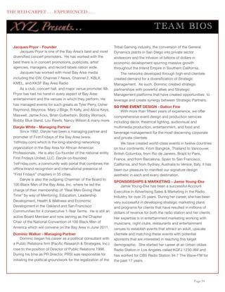 THE RED CARPET . . . EXPERIENCED . . .


      XY Z Presents...                                                                            TEA M BIO S

      Jacques Pryor - Founder                                           Tribal Gaming industry, the conversion of the General
          Jacques Pryor is one of the Bay Area’s best and most          Dynamics plants in San Diego into private sector
      diversiﬁed concert promoters. He has worked with the              endeavors and the infusion of billions of dollars in
      best there is in concert promotions, publicists, artist           economic development spurring massive growth
      agencies, managers, and record labels nation wide.                throughout the Inland Empire in Southern California.
          Jacques has worked with most Bay Area media                       The networks developed through high-end clientele
      including the CW, Channel 7 News, Channel 2, KBLX,                created demand for a diversiﬁcation of Strategic
      KMEL, and KKSF Bay Area Radio                                     Management. As such, Dominic created strategic
          As a club, concert hall, and major venue promoter, Mr.        partnerships with powerful allies and Strategic
      Pryor has had his hand in every aspect of Bay Area                Management platforms that have created opportunities to
      entertainment and the venues in which they perform. He            leverage and create synergy between Strategic Partners.
      has managed events for such greats as Tyler Perry, Usher
                                                                        SO FINE EVENT DESIGN - Dalton Fine
      Raymond, Beyonce, Mary J Blige, R Kelly, and Alicia Keys,              With more than ﬁfteen years of experience, we offer
      Maxwell, Jamie Foxx, Brian Culbertson, Bobby Womack,              comprehensive event design and production services
      Bobby Blue bland, Lou Rawls, Nancy Wilson & many more.            including décor, theatrical lighting, audiovisual and
      Daryle White - Managing Partner                                   multimedia production, entertainment, and food and
           Since 1992, Daryle has been a managing partner and           beverage management for the most discerning corporate
      promoter of First Fridays of the Bay Area (www.                   and private clientele.
      1stfriday.com) which is the long-standing networking                   We have created world-class events in twelve countries
      organization in the Bay Area for African American                 on four continents. From Bangkok, Thailand to Vancouver,
      Professionals. He is also Co-founder of the national entity       British Columbia, from Rio de Janeiro, Brazil to Paris,
      First Fridays United, LLC. Daryle co-founded                      France, and from Barcelona, Spain to San Francisco,
      1stFriday.com, a community web portal that combines the           California, and from Sydney, Australia to Venice, Italy, it has
      ofﬂine brand recognition and international presence of            been our pleasure to manifest our signature design
      “First Fridays” chapters in 35 cities.                            aesthetic in each and every destination.
           Daryle is also the outgoing Chairman of the Board to
                                                                        SPONSORSHIPS & MARKETING - Jamie Young-Eke
      100 Black Men of the Bay Area, Inc. where he led the                   Jamie Young-Eke has been a successful Account
      charge of their membership of “Real Men Giving Real               Executive in Advertising Sales & Marketing in the Radio
      Time” by way of Mentoring, Education, Leadership                  Industry for over 25 years. During her career, she has been
      Development, Health & Wellness and Economic                       very successful in developing strategic marketing plans
      Development in the Oakland and San Francisco                      and programs for clients that have resulted in millions of
      Communities for 4 consecutive 1-Year Terms. He is still an        dollars of revenue for both the radio station and her clients.
      active Board Member and now serving as the Chapter                Her expertise is in entertainment marketing working with
      Chair of the National Convention of 100 Black Men of              musicians, night clubs, restaurants and entertainment
      America which will convene on the Bay Area in June 2011.          venues to establish events that attract an adult, upscale
      Dominic Walker - Managing Partner                                 clientele and matching these events with potential
           Dominic began his career as a political consultant with      sponsors that are interested in reaching this target
      a Public Relations ﬁrm (Paciﬁc Research & Strategies, Inc.)       demographic. She started her career at an Urban oldies
      rose to the position of Director of Public Relations 1996.        Radio Station in Los Angeles called KGFJ 1230-AM and
      During his time as PR Director, PRSI was responsible for          has worked for CBS Radio Station 94.7 The Wave-FM for
      initiating the political groundwork for the legalization of the   the past 17 years.




	

                                                                                                                        Page 24
 