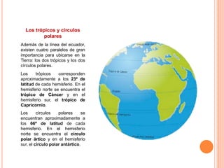 Los trópicos y círculos
polares
Además de la línea del ecuador,
existen cuatro paralelos de gran
importancia para ubicarse en la
Tierra: los dos trópicos y los dos
círculos polares.
Los trópicos corresponden
aproximadamente a los 23º de
latitud de cada hemisferio. En el
hemisferio norte se encuentra el
trópico de Cáncer y en el
hemisferio sur, el trópico de
Capricornio.
Los círculos polares se
encuentran aproximadamente a
los 66º de latitud de cada
hemisferio. En el hemisferio
norte se encuentra el círculo
polar ártico y en el hemisferio
sur, el círculo polar antártico.
 