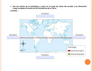 1. Usa los colores de la simbología y marca en el mapa las líneas del ecuador y de Greenwich.
Luego completa el nombre de los hemisferios de la Tierra.
Localizar…
 