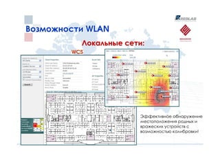 Возможности WLAN
          Локальные сети:
        WCS




                       Эффективное обнаружение
                       местоположения родных и
                       вражеских устройств с
                       возможностью калибровки!
 