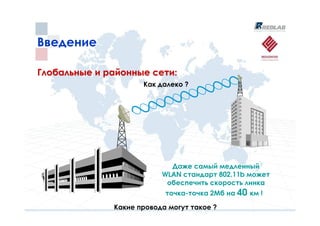 Введение

Глобальные и районные сети:
                     Как далеко ?




                            Даже самый медленный
                          WLAN стандарт 802.11b может
                           обеспечить скорость линка
                           точка-точка 2Мб на 40 км !

              Какие провода могут такое ?
 