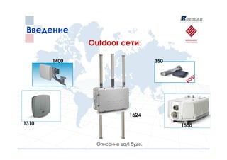 Введение
              Outdoor сети:

       1400                           350


                                                   S!
                                              EO




                             1524
1310                                        1500


                Описание далi буде.
 