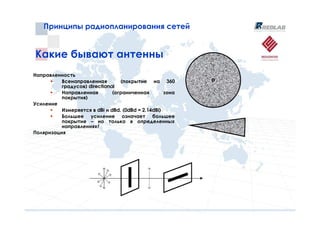 Принципы радиопланирования сетей
    Принципы радиопланирования сетей


Какие бывают антенны
Направленность
          Всенаправленная        (покрытие на 360
          градусов) directional
          Направленная        (ограниченная        зона
          покрытия)
Усиление
          Измеряется в dBi и dBd. (0dBd = 2.14dBi)
          Большее усиление означает большее
          покрытие – но только в определенных
          направлениях!
Поляризация
 