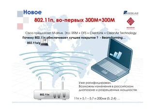 Новое
       802.11n, во-первых 300М+300М

 Cisco предлагает M-drive. Это: RRM + DFS + ClientLink + CleanAir Technology
Почему 802.11n обеспечивает лучшее покрытие ? - Beam Forming…
  802.11a/g




                                     Уже ратифицирован.
                                     Возможны изменения в российском
                                     диапазоне и разрешенных мощностях
          802.11n
                                 11n + 5.1 – 5.7 и 200мв (5, 2.4) …
 