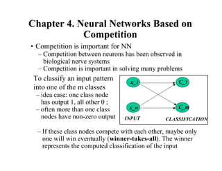 Chapter 4. Neural Networks Based on
Competition
• Competition is important for NN
– Competition between neurons has been observed in
biological nerve systems
– Competition is important in solving many problems
To classify an input pattern
into one of the m classes
– idea case: one class node
has output 1, all other 0 ;
– often more than one class
nodes have non-zero output
– If these class nodes compete with each other, maybe only
one will win eventually (winner-takes-all). The winner
represents the computed classification of the input
C_m
C_1
x_n
x_1
INPUT CLASSIFICATION
 