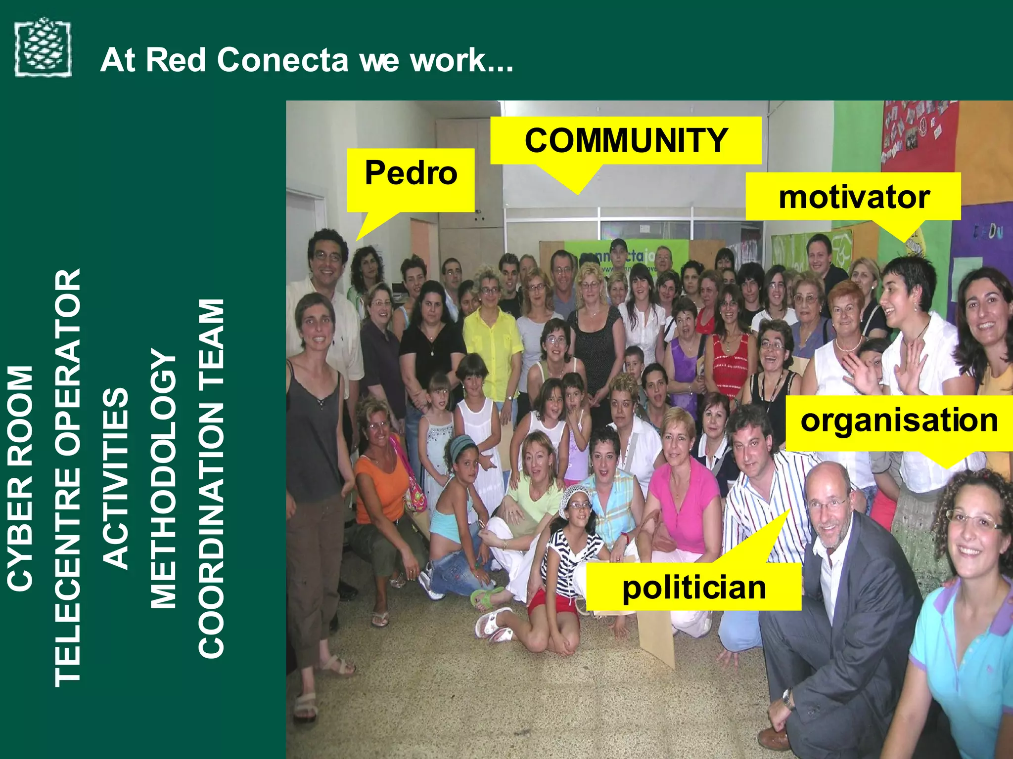 At Red Conecta we work... CYBER ROOM TELECENTRE OPERATOR ACTIVITIES METHODOLOGY COORDINATION TEAM Pedro motivator politician organisation COMMUNITY 