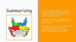 Summarizing The students should be taught how to sumarize
readings so that the main idea and key points of the
passage are discussed. This should act as a recap
and an overview of the reading.
The teacher can do this by asking questions, having
the students write a paragraph summary, or create a
graphic organizer.
Sometimes it is even benificial to do a class summary
of the reading where the teacher conducts a
discussion on the passage with the students. This
way every student can feed off of one another.
 