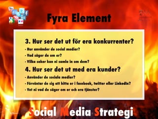 Fyra Element
3. Hur ser det ut för era konkurrenter?
- Hur använder de social medier?
- Vad säger de om er?
- Vilka saker kan ni samla in om dem?

4. Hur ser det ut med era kunder?
- Använder de sociala medier?
- Förväntar de sig att hitta er i facebook, twitter eller LinkedIn?
- Vet ni vad de säger om er och era tjänster?




  Social Media Strategi
 